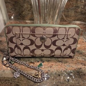 Coach Beige and Brown Signature Wallet with Coach Charm Wristlet